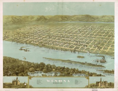 Fugleperspektiv af byen Winona, Minnesota 1867. LOC 73693469 af A.; Chicago Lithographing Co. Ruger