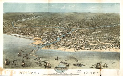Chicago i 1868 fra Schiller Street nordsiden til 12th Street sydsiden. LOC 73693350 af A.; Chicago Lithographing Co. Ruger