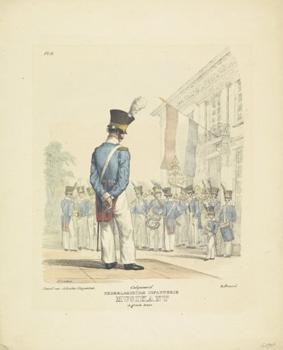 Musiker i fuld uniform Musiker i heldragt, 1820-1825 Nederlandsche Infanterie Musikant i stor uniform (titel på objekt) Militære kostumer af Kongeriget Holland. Dedikeret til Hans Excellence Willem van Bylandt (serietitel på obj af A. Courtois
