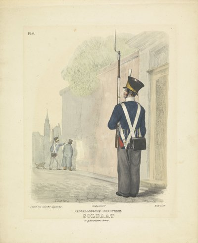 Soldat i garnisonsdragt, 1820-1825 hollandsk infanteri. Soldat i guerillauniform (titel på objekt) Militære kostumer af Kongeriget Holland. Dedikeret til Hans Excellence Willem van Bylandt (serietitel på objekt) af A. Courtois