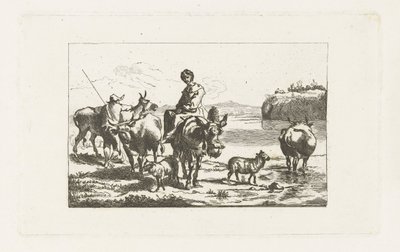 Landskab med en hyrdinde på et muldyr og en hyrde med køer af A. Dickhof (signed by artist)