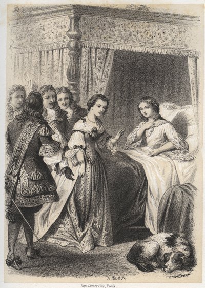 Madame Deshoulieres, Antoinette Ligier de La garde (1637-1694) overvældet af spørgsmål fra hendes følge efter en nat tilbragt med frygten for spøgelset. Indgravering af A. Duruy i "" Illustrations litteraires de la France; eller, Galerie anecdotique de nos af A. Duruy