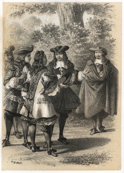 Møde i Paris mellem Jean Racine (1639-1699) og Pierre Corneille (1606-1684). Stik af A. Duruy i "" litterære illustrationer af Frankrig; guld, Anekdotisk galleri af vores hovedforfattere interesseret i deres handlinger og deres inskriptioner”” af J.B. af A. Duruy