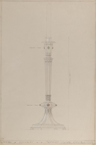 Ridderkapel: forslag til sølvlysestage (blyant, blæk, pensel, pensel, wc og sølvfarve på gråt kort) af A. Edward Jones and Co.