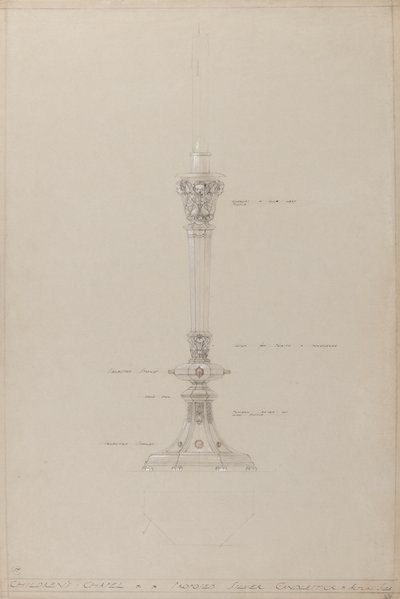 Børnekapel: forslag til sølvlysestage, i faktisk størrelse (blyant, tusch, pensel, wc og sølvfarve på gråt kort) af A. Edward Jones and Co.