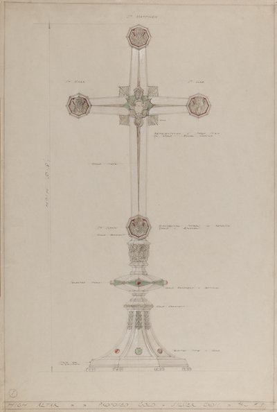 Højalter: foreslået guld- og sølvkors, 1,5 meter højt (blyant, blæk, pensel, vand, sølv- og guldfarve på gråt kort) af A. Edward Jones and Co.