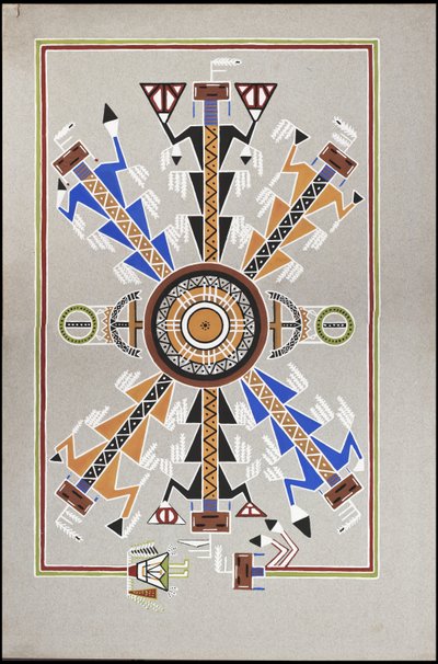 Tegninger, der viser gravstedet for "Cadunce", en Chippewa-indianer "Medicine Man", et Navajo-sandmaleri og Kragesten-malerier af A. Grossman