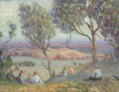 Udsigt fra Arlington Heights, med Chautaqua-telte og Washington-monumentet..., ca. 1922. af A. H. O. Rolle
