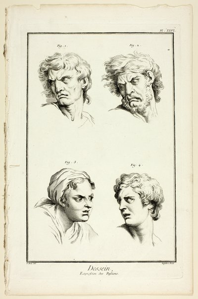 Tegning: udtryk for følelser (had eller jalousi, vrede, begær, fysisk smerte), fra Encyclopédie af A. J. Defehrt