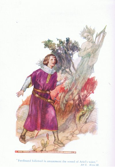 Ferdinand fulgte forbløffet lyden af Ariels stemme (The Tempest), fra Tales from Shakespeare pub. af Ward Lock & Co Ltd af A. Jackson