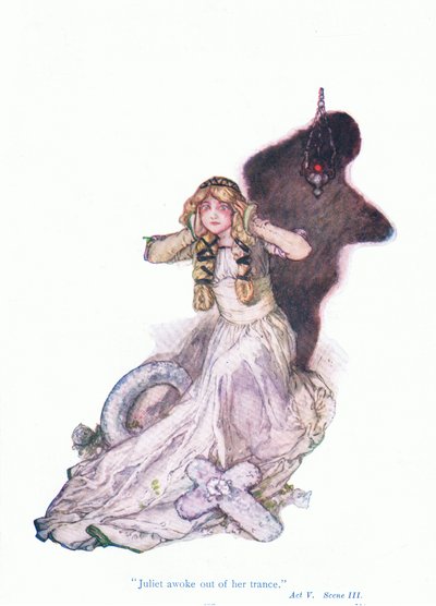 Juliet vågnede ud af atrance (Romeo og Julie), fra Tales from Shakespeare pub. af Ward Lock & Co Ltd af A. Jackson