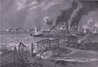 Ødelæggelse af et skibsværft i Bari (Italien) af østrig-ungarske torpedo-destroyere, fra The Illustrated History of the World War 1914-1915 pub. af Union Berlagsefellfchaft af A. Kircher