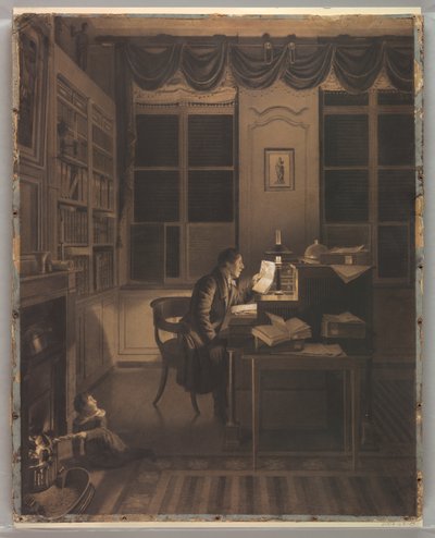 Tegning, interiør med en mand, der læser ved sit skrivebord, 1827 af A. L. Leroy