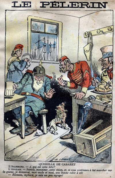Cabaret Querelle: Tegnefilm om kolonikrigene mellem England, Tyskland, Frankrig og USA omkring situationen i Fachoda i Afrika. Indgravering af Lemot i "" le Pelerin"" af 23. april 1899 (Fachoda-krisen: alvorlig diplomatisk hændelse mellem af A Lemot