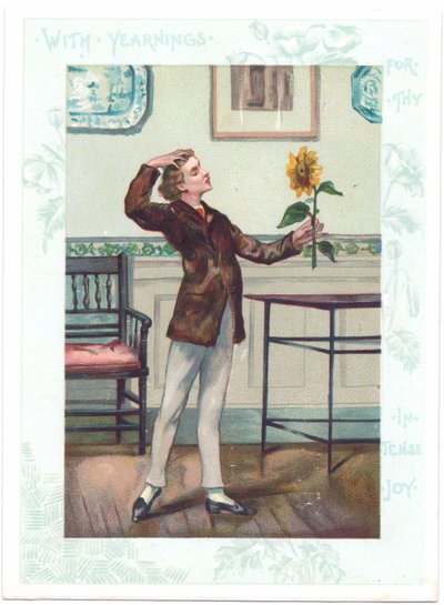 Blomsterkiggeren victoriansk lykønskningskort af en æstetik, der elsker en solsikke i ektasy, ca. 1881 (farve litho) af A. Ludovici