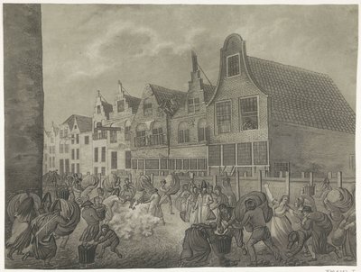 Sammenbrud af forskallingen langs Kortendijk i Gorinchem, 1809 Fire plader af syndfloden i 1809 dedikeret til kong Louis Napoleon (serietitel) af A. Lutz