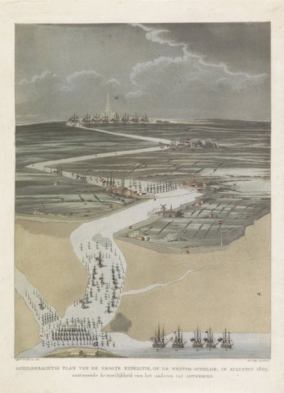 Britisk ekspedition til Antwerpen, 1809 Malerisk plan af den store ekspedition, på den vestlige Schelde, i august 1809. viser vanskeligheden ved at nærme sig Antwerpen (titel på objektet) af A. Lutz