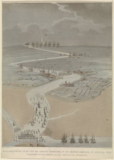 Fugleperspektiv af den vestlige Schelde med engelske, hollandske og franske flåder, 1809 Malerisk plan af den store ekspedition, på den vestlige Schelde i august 1809 (titel på objektet) af A. Lutz