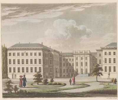 Noordeinde-paladset i Haag, 1810-1825 Le Palais royal à La Haye, vu du jardin / Det kongelige palads i Haag, set fra havesiden (titel på objekt) af A. Lutz