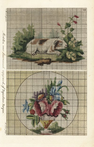 Mønstre til tyrkisk gobelin: marsvin i en have og buket blomster i en vase af A. Lutz