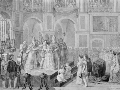 Ægteskabet mellem Henri III (1553-1610) og Marguerite af Frankrig (1553-1615) i 1572, 1832 af A. Regnier
