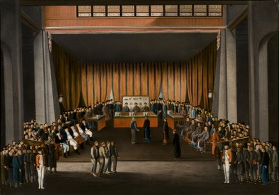 Kinesisk Domstol i hallen på den britiske fabrik i Canton, 9. april 1807, ca. 1810 (olie på papir) af A. Roland Knight