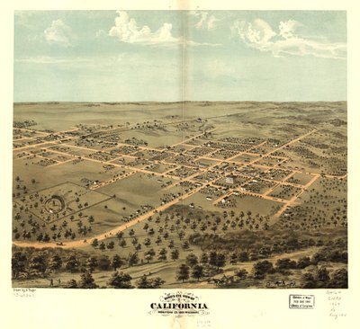 Udsigt i fugleperspektiv over California, Moniteau Co, Missouri 1869. LOC 73693471 af A. Ruger