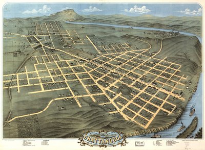 Fugleperspektiv af byen Chattanooga, Hamilton County, Tennessee 1871. af A. Ruger