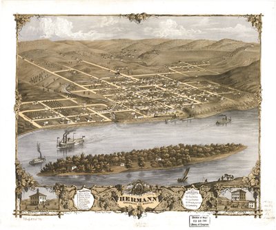 Fugleperspektiv af byen Hermann, Gasconade County, Missouri 1869. LOC 73693476 af A. Ruger