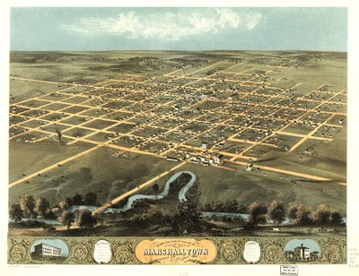 Fugleperspektiv af byen Marshalltown, Marshall County, Iowa 1868. LOC 73693402 af A. Ruger