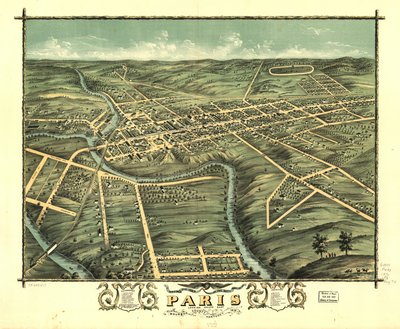 Udsigt i fugleperspektiv over byen Paris, Bourbon County, Kentucky 1870. LOC 73693417 af A. Ruger