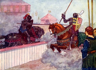 Greven red igen og igen på Edward, indtil hans lanse var splintret i hans hånd, c1270, 1905. af A. S. Forrest