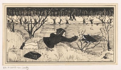 Pigen forsøger at redde hunden fra kølvandet af A. Tinbergen (signed by artist)
