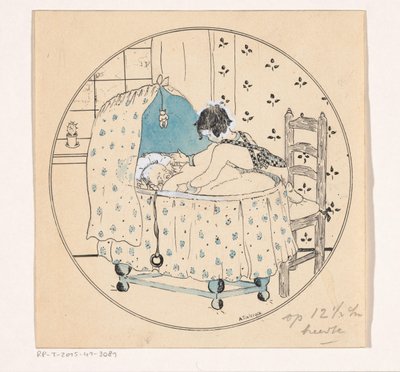 Pigen vil løfte baby ud af vuggen af A. Tinbergen (signed by artist)