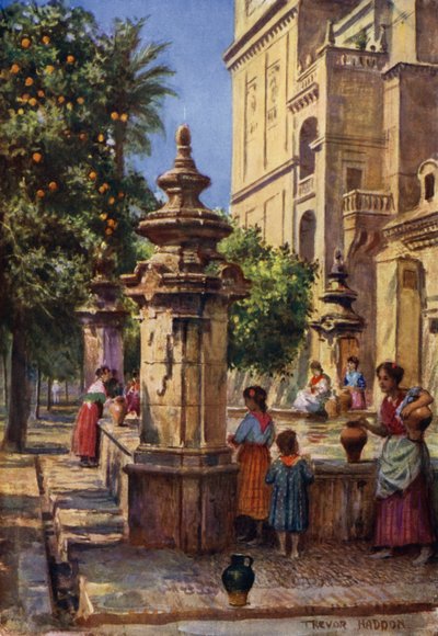 Cordova, springvand i appelsinernes gårdhave (farve litho) af A. Trevor Haddon