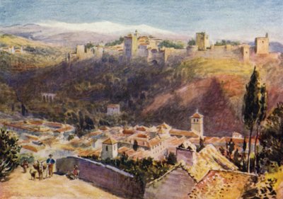 Granada, generel udsigt over Alhambra (farve litho) af A. Trevor Haddon