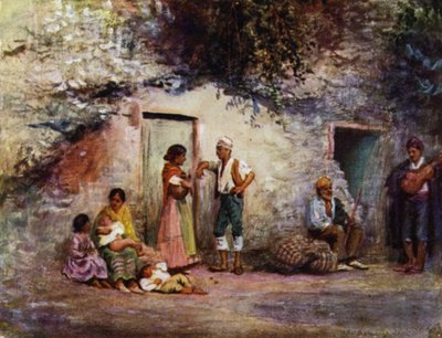 Granada, sigøjnere ved dørene til deres huler (farve litho) af A. Trevor Haddon