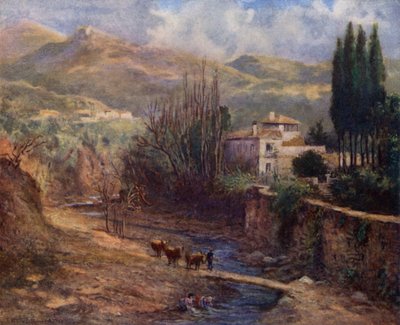 Granada, Villa på Darro (farve litho) af A. Trevor Haddon
