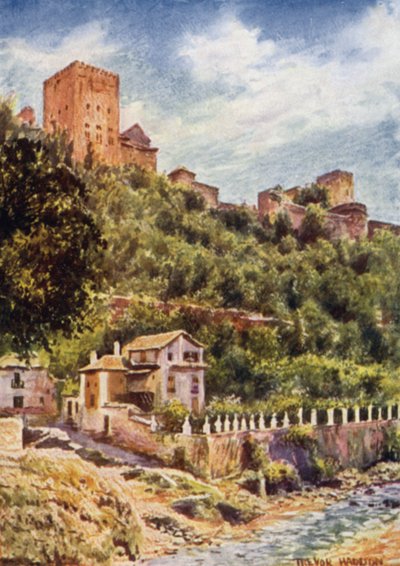 Granada, villaer på bredden af floden Darro (farve litho) af A. Trevor Haddon