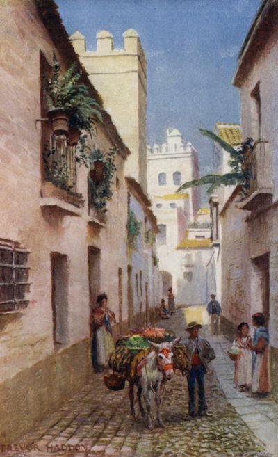 Sevilla, A Street (farve litho) af A. Trevor Haddon