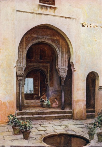 Alhambra, Court of the Mexuar, West Facade (farve litho) af A. Trevor Haddon