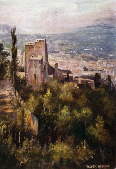 Alhambra, Vermillion Towers fra voldene (farve litho) af A. Trevor Haddon
