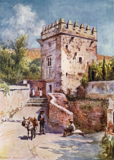 Alhambra, Tower of the Peaks (farve litho) af A. Trevor Haddon