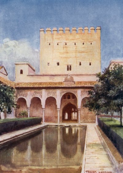 Alhambra, Comares-tårnet (farve litho) af A. Trevor Haddon