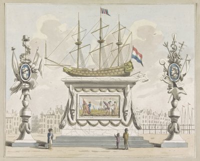 Handel og forsendelse, dekoration på Nieuwmarkt, 1795 Ti plader med dekorationerne ved Alliantiefeest i Amsterdam i 1795 (serietitel) af A. Verkerk