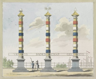 Frihed, Broderskab og Ligestilling, dekoration på Hogesluis, 1795 Ti plader med dekorationerne ved Alliantiefeest i Amsterdam i 1795 af A. Verkerk