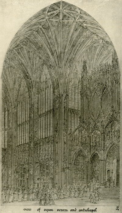 Arkitektonisk tegning: udsigt over orgelskærm og antikapel, 1833-1834, 1906. af A. W. N. Pugin