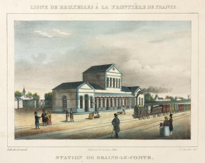Braine-le-Comte Station, Belgien, graveret af Gerard, 1843 af A. after Canelle