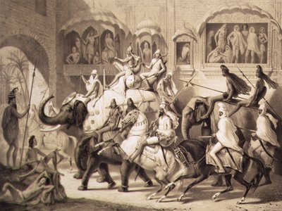 En gade i Lahore, fra Voyage i Indien, indgraveret af Louis Henri de Rudder (1807-81) 1842 (tonet litho) af A. after Soltykoff