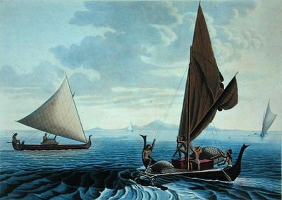 Udsigt over øen Tinian: Dugout-kanoer fra Caroline-øerne, fra 